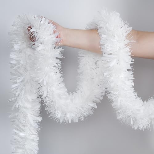 Image of 50FT White Christmas Tinsel Garland, Metallic Tinsel Glitter Twist Garlands Hanging Streamers, Xmas Tree Garland Decorations