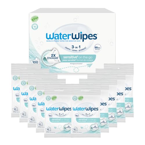 WaterWipes On The Go Wipes 99.9% Water-Based Wipes for Travel Sports and to Refresh Skin Unscented & Hypoallergenic 100 Count (10 Packs)