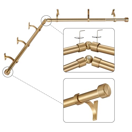 Mayrhyme Warm Gold Corner Window Curtain Rods with Aluminum End Cap Finials and Brackets 1 Inch Diameter Bay Window Curtain Rods 2 Sided 36-72 Inch Adjustable Drapery Rod