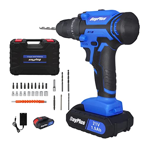 21-Volt Bohrer 2-Speed elektrische Akku Bohrer/Treiber Schraubendreher Bits Set, 3/8-Zoll Keyless Chuck, 25+1 Drehmomenteinstellung, 2-Geschwindigkeit, 26pcs Bohrer, 1500mAh Batterie, LED-Licht