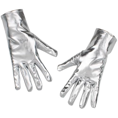 Image of CALFOVERA 23.5cm Silver Shiny Metallic PU Leather Gloves for Women Wet Look Wrist Length Gloves Stretchy Faux Leather Long Finger Hand Opera Mitten for Halloween Role Play 1980s Adult Unisex