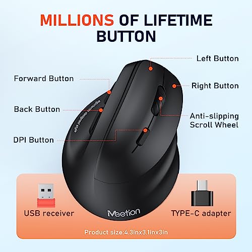 Image of MEETION Ergonomic Mouse, Wireless Vertical Mouse RGB Backlit Rechargeable Mice for Bluetooth(5.2 + 3.0) & USB-A with USB-C Adapter 4 Adjustable DPI for Mac /Windows /Andriod /PC /Tablet /iPad Black