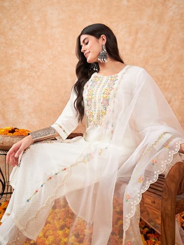 Image of INDO ERA Women's Embroidered Straight Kurta & Pant with Dupatta Set