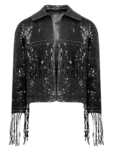 Aislor Kids Girls Sequins Long Sleeve Fringed Open Front Jacket Coat Cardigan Performance Tops Disco Dance Outwear3