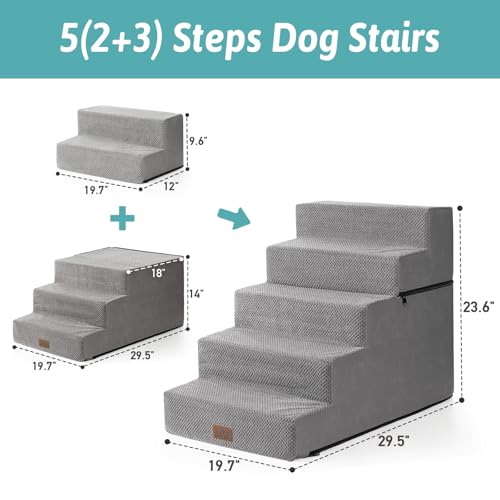 Image of COZY KISS Dog Stairs for Small Dogs, 5 Step Pet Stairs for Beds & Couches | 23.6 inch H Wide Non-Slip Dog Steps with Removable Tiers & Support Board for Puppies, Older Cats & Dogs, Grey