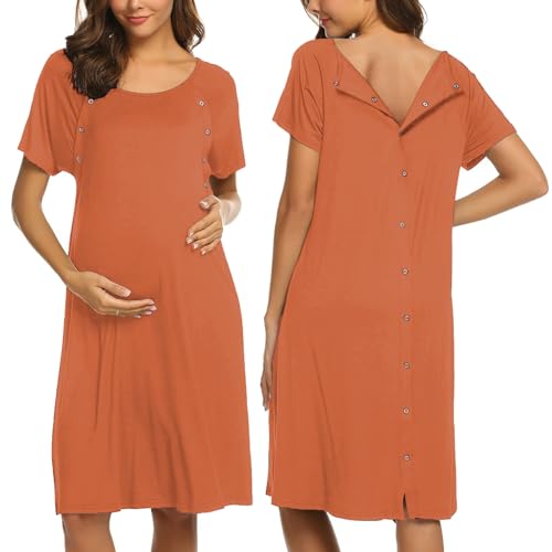 Image of Ekouaer Women’s Nursing/Delivery/Labor/Hospital Nightdress Short Sleeve Maternity Nightgown with Button S-XXL