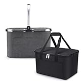 Diurwur Klassischer Einkaufsset 2tlg Bestehend aus Einkaufskorb und Kühltasche Einkaufskorb mit Alu-Griff Faltbare Einkaufstasche mit Isolierung für Arbeit/Einkaufen