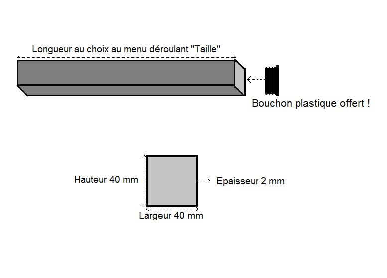 LeMétal – Tube carré acier galvanisé 40x40x2 mm (200 cms) - Longueur au choix de 50 à 300 cms - Bouchon plastique offert !