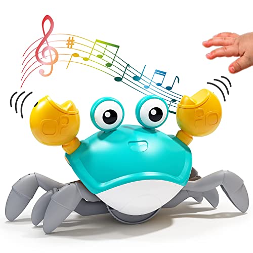Image of Deejoy Green Crawling Crab Toys with Light Up, Interactive Musical Toy with Automatically Avoid Obstacles, USB Rechargeable, Fun Moving Toy for Babies, Toddlers and Kids