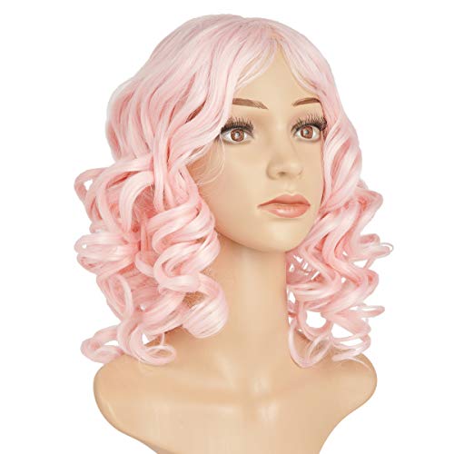 Cgcshine 14'' Natural Short Curly Wig, Colorful Bob Wigs for Women, Shoulder Length Curly Wavy Synthetic Wigs, Heat Resistant Fiber Cosplay Wigs for Halloween, Party, Daily(Pink)