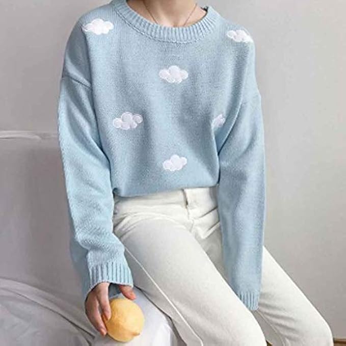 n/a Women's Kawaii Vintage College Loose Clouds Sweater Female Korean Punk Thick Loose Harajuku Clothing for Women (Color : Blue)