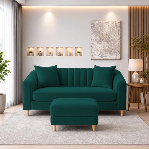Image of Doraldo 2 Seater Sofa Set with Ottoman for Living Room (Pine) Premium Fabric Sofa