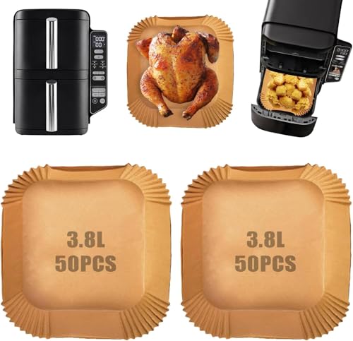 akulife 100pcs Air Fryer Liners Disposable for Ninja Double Stack Air Fryer 7.6L SL300ANZ, Parchment Paper for Air Fryer, Square Air Fryer Liners for Philips Cosori Tower Russell Hobbs Air Fryer