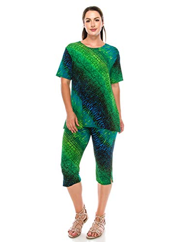 Jostar Women's 2 Piece Set – Short Sleeve T Shirts Top and Capri Pants with Side Slit Stretchy Casual Outfit 9003BN-SRP1-W182-GRN M