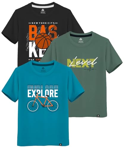 Image of RAAX Boys Regular Fit 100% Cotton Graphic Printed Half Sleeve Tees (Pack of 3) | T-Shirts for Boys from Age 2-16 Years