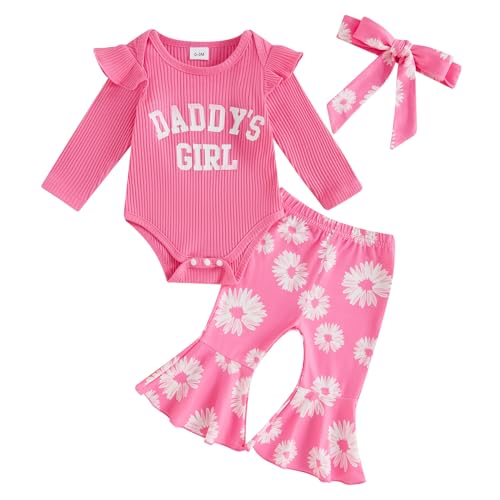 Image of FIOMVA Baby Girl Clothes Fall Winter Newborn Infant Girl Long Sleeve Romper Rib Knit Onesie+Flare Pants Bell Bottom Outfit