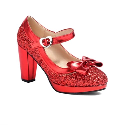 Elyffany Woman Fashion High Heeled Mary Jane Shoes Sparkly Sequins Glitter Bow Pumps