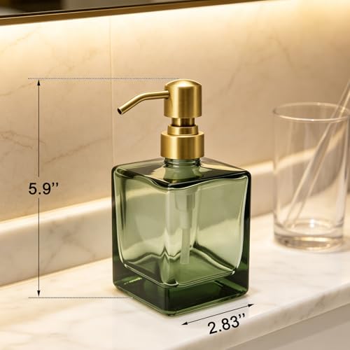 Image of Square Green Glass Soap Dispenser Bathroom with Brushed Gold Pump, Retangle Cube 8.4 oz Glass Bottles with Stainless Steel Pump Hand Liquid Soap Dispenser Kitchen