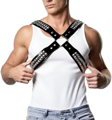 Men's X-Strap Chest Harness with Rivets, Adjustable PU Leather Body Harness Belt for Punk Cosplay, Muscle Show Clubwear Nightclub Stage Party Outfits X023