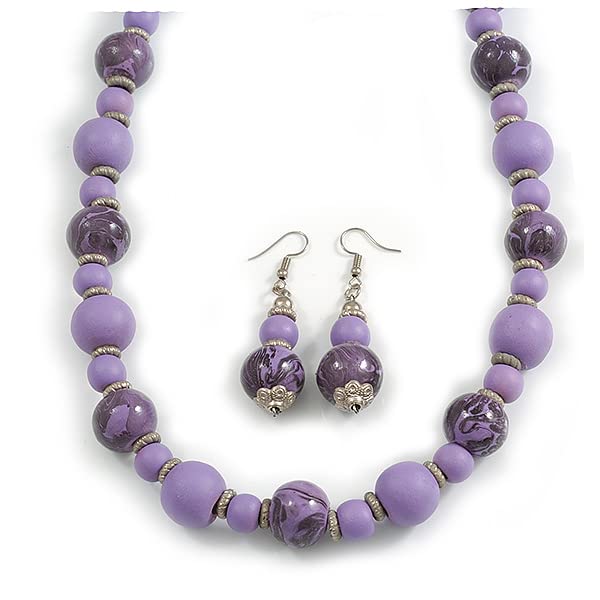 Collar largo de 80 cm y pendientes morados de madera con estampado animal para mujer 2