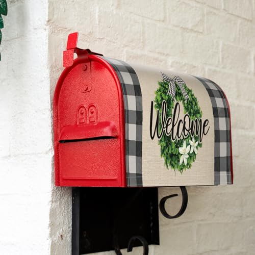 Image of Tiamon Summer Plaid Mailbox Covers Magnetic Eucalyptus Welcome Letter Box Wrap Standard Size 21x18 Inch Spring Wreath Mailbox Decor Plaid Post Box Decoration for Outdoor Garden Yard