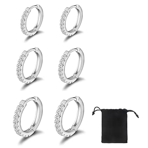SJBAUTYO 3 Pairs of Small Hypoallergenic Hoop Earrings, Stainless Steel, Silver, 8/10/12 mm, Zirconia Stones