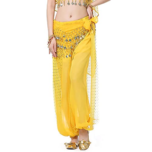 Image of VRITRAZ Women's Chiffon Belly Dance Chiffon Top, Harem Pants and Hip Scarf Ringy Golden Coins Fancy Pants