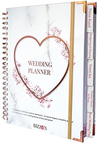 Wedding Planner (9" x 11") with 5 Tabbed Sections & 7 Inner Pockets, 18 Months Countdown Calendar, Metal Corners & Elastic Band - Wedding Planner Book and Organizer for the Bride 2022 & Groom By Bizzon