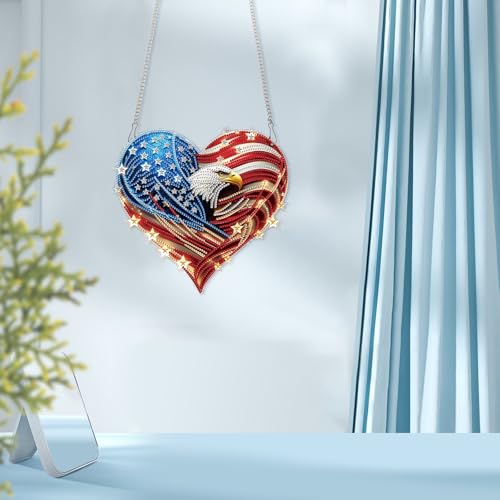 Image of 4th of July Diamond Art Hanging Kits for Adults, American Eagle Pendant | DIY Diamond Painting Suncatchers Kits, Acrylic Home Garden Decor with Chain, Independence Day Craft