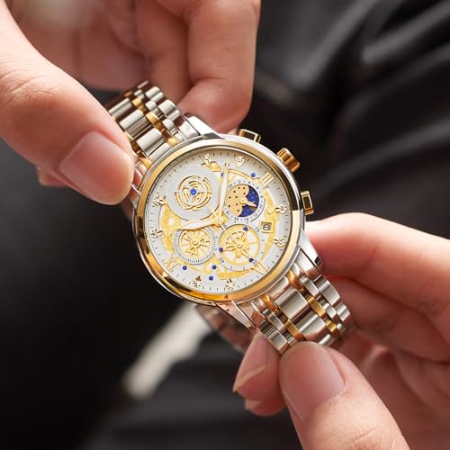 Image of senstone Moon Phase Watch for Men Chronograph Dial Analog Quartz Wristwatch Luxury Diamond Business Dress Watch with Luminous Waterproof Calendar Stainless Steel Strap
