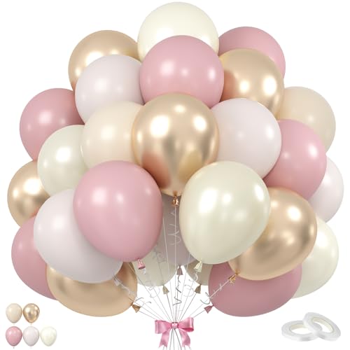 Image of Dusty Pink and Gold Balloons, 60PCS Double Stuffed Pearl White Blush Pink Balloon, 12 Inch Apricot Champagne Gold Balloons Helium for Women Girls Boho Birthday Wedding Bridal Shower Party Decorations