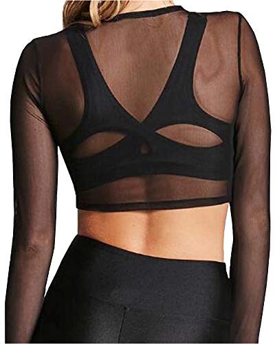 BelleLovin Women's Sheer Mesh Long Sleeve Crop Top Sexy Tee, Black, Size Small