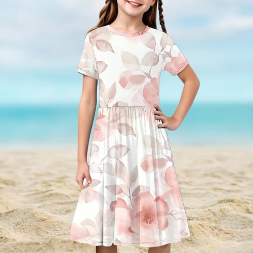 Short Sleeve Dress for Girls 2025 Summer Floral Print Casual Crew Neck A-Line Swing Beach Midi Dresses for 4-14 Years2