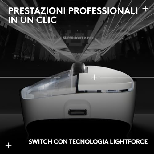 PRO X SUPERLIGHT 2 DEX LIGHTSPEED mouse da gaming wireless, Pro-Grade, leggero, 60 gramos, 5 pulsanti programmabili, sensore a 44.000 DPI, 8K Polling, ricarica USB-C, per PC/Mac - Bianco - Mouse gaming - Immagine 6