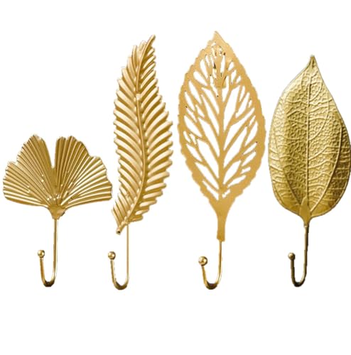 KARLOR Goldene Wandhaken Set, 4 Stück Wandhaken zum schrauben Blätter Design, Metall Kleiderhaken Vintage Garderobenhaken Ginkgo-Biloba-Blätter Wandhalter für Flur Badzimmer Küche 11-21cm Länge