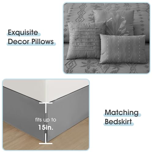 Image of LANCO MODERN LIFESTYLE Grey Comforter Set, Queen Size, 7 Pieces Jacquard Boho Bedding Set for All Seasons, Ultra Soft and Fluffy, Matching Pilllow Shams, Bedskirt and Decor Pillows