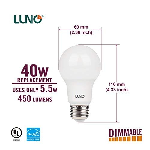 Luno A19 Dimmable Led Bulb, 5.5W (40W Equivalent), 450 Lumens, 2700K (Soft White), Medium Base (E26), Ul & Energy Star (4-Pack) #TOP2