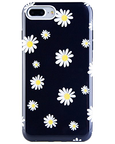 Dimaka Case for iPhone 7 Plus and iPhone 8 Plus, Cute Daisy Flower Vintage Black Pattern Protective Bumper,2 Layer Parts Hybrid 360 Full Cover for iPhone 7 Plus and iPhone 8 Plus