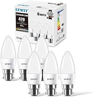 LVWIT B22 LED Candle Bayonet Bulbs,4.5W B22 Bayonet Candle Bulbs, 40W Bulb Equivalent,6500K Cool White Bayonet Candle Cap, 470Lm, 200 Degree Beam Angle,220-240V,Non-Dimmable (Pack of 6)