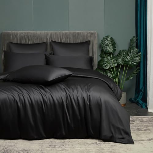 Luowei Ropa de cama de bambú 155 x 220 cm, color negro, 100% fibra de bambú, lujosa, suave, ligera, fresca, funda de edredón de verano con cremallera y funda de almohada