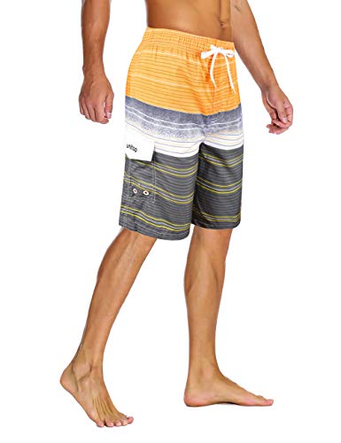 unitop Men's Colorful Striped Printed Design Swim Trunks Bathing Beach Board Shorts Yellow-32