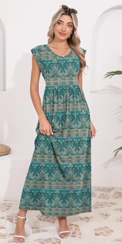 Image of DB MOON Womens 2026 Maxi Dresses Empire Waist Long Summer Dress Casual Cap Short Sleeve Sundress with Pockets