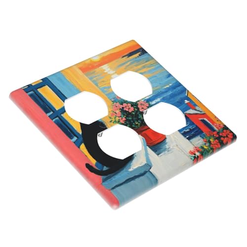Decorative Outlet Covers Vintage Oil Painting Style Black Cat Sea Flowers 2 Gang Wall Plate Cover Double Duplex Receptacle Two Switch Light Switch Cover Plate Jumbo Dual Faceplate