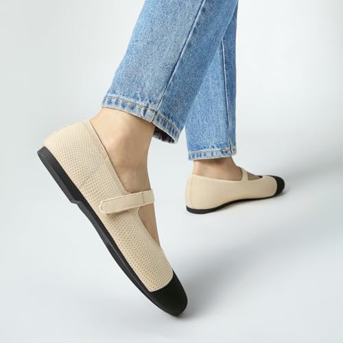 ATHMILE Mary Jane Shoes Women Round Toe Knit Ballet Flats Shoes for Women Comfortable Dressy Washable Adjustable Strap for Work Office Casual Nude Black3