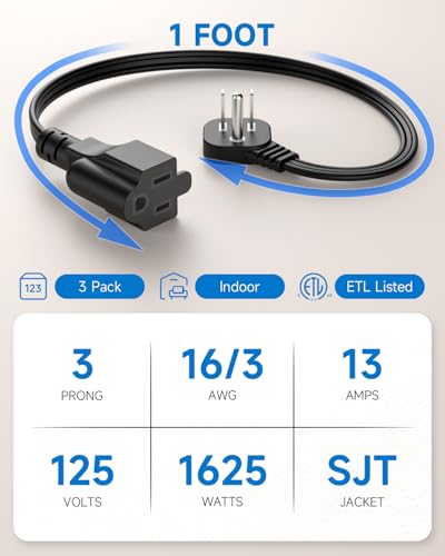 Image of Flat Plug Short Extension Cord 1Ft Low Profile Adapter 3 Prong Indoor Small Grounded Power Cable Outlet Saver 16AWG 13A 1625W Black 3 Pack