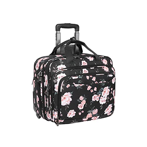 MOSISO Rolling Briefcase Laptop Bag for Women, Wheel Briefcase Teacher Bag for 15.6 inch with Coded Lock, Overnight Camellia Rolling Computer Bag on 2 Wheels with Belt for Work Travel Business, Black