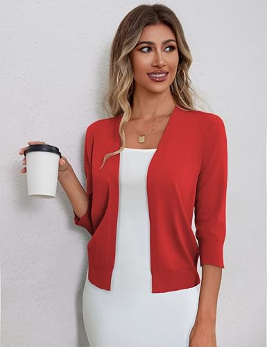 Image of a.Jesdani Shrugs for Women Lightweight 3 /4 Sleeve Open Front Red Cropped Cardigan Sweaters,S
