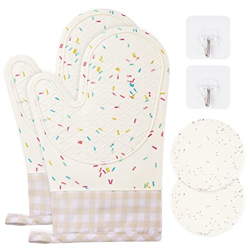 AUAUY 1 Paire Gants de Four, Gants de Cuisine Silicone Résistant à Chaleur et Antidérapant, avec 2 Maniques, Adaptés pour la Cuisine, la Cuisson au Four, Les Grillades