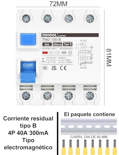 DIHOOL RCD Typ B fi schutzschalter Fehlerstromschutzschalter FI-Schalter DIN Hutschiene 4-polig 40A 300mA