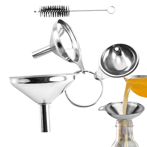 Yhsioaklo Embudo de metal para uso en cocina - Embudo de acero inoxidable - Apto para alimentos con cepillo de limpieza para líquidos en polvo ingredientes secos